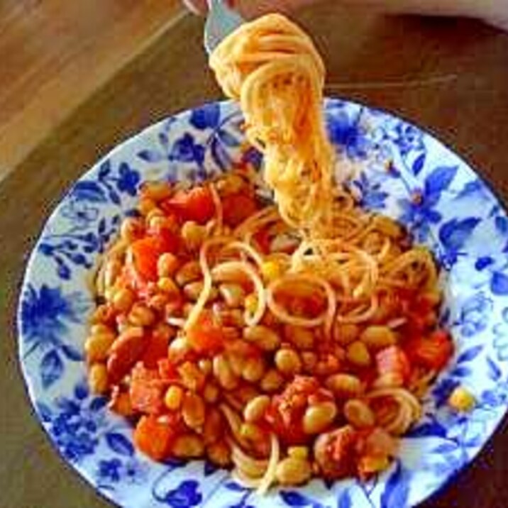 作り置きで簡単！大豆のトマト煮込みのスパゲティー